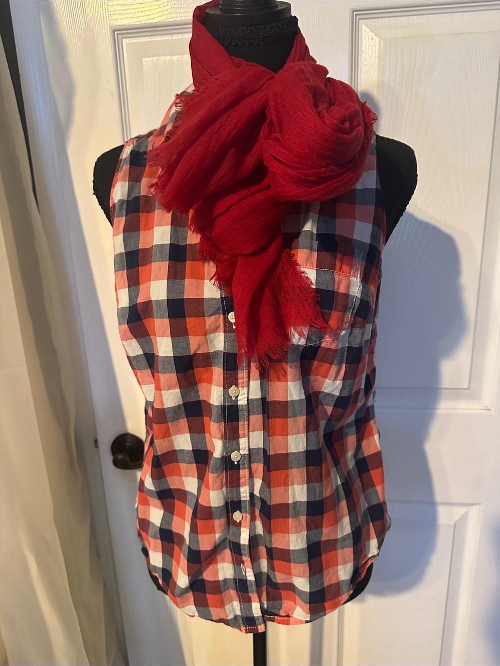 St. John's Bay Red, Navy & White Plaid Sleeveless Button-Down